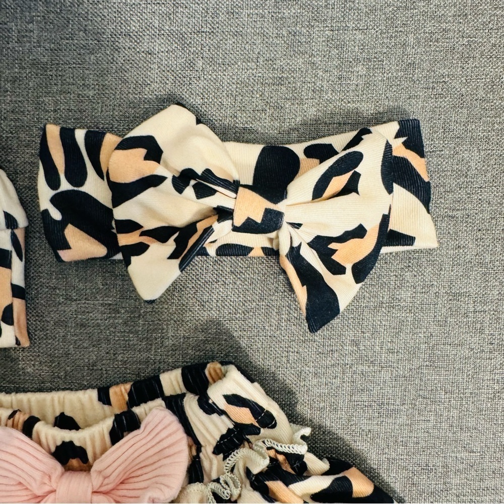 3 Piece Set: Animal Print Newborn Ruffle Skirt, Headband Bow & Beanie Hat New - Picture 4 of 5
